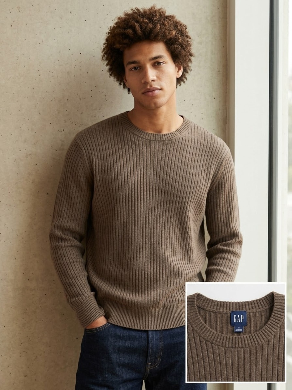 GAP Men's Ribbed Crewneck Sweater in Taupe Brown A56